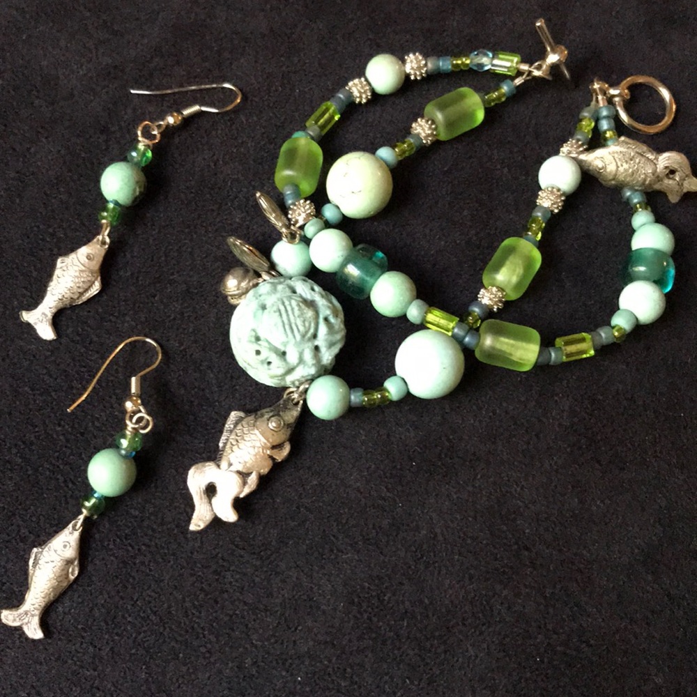 Turquoise & Glass Bead Chinese Silver Bracelet Set - Picture 6 of 9